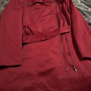 Women's Crimson Belted Trench Coat with Asymmetric Zip